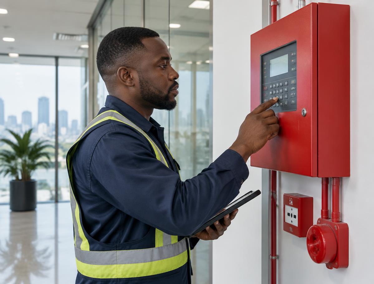 Black fire safety technician inspecting equipment in a commercial building